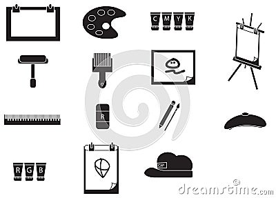 Silhouette artist painting tools icon set (vector) Vector Illustration