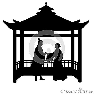 Silhouette asian couple of lovers in gazebo. Celebration Valentines day. Vector Illustration