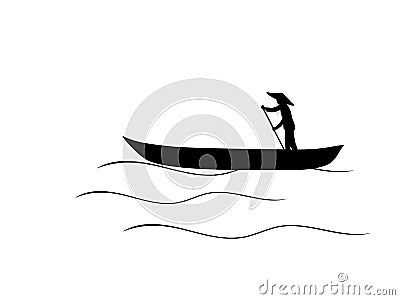 Silhouette asian man sailing in boat. Vector Illustration