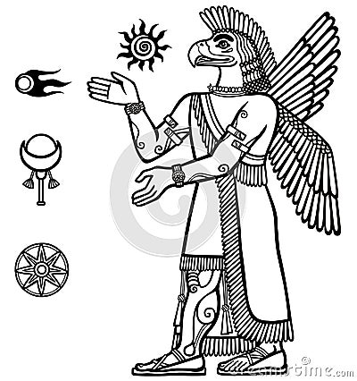 Silhouette of the Assyrian deity with a body of the person and the head of a bird. Character of Sumerian mythology. Vector Illustration