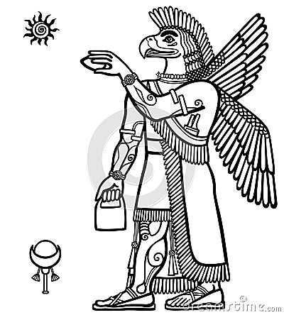 Silhouette of the Assyrian deity with a body of the person and the head of a bird. Vector Illustration