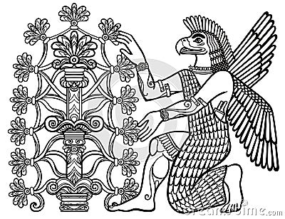 The silhouette of the Assyrian deity collects fruits from a fantastic tree. Vector Illustration