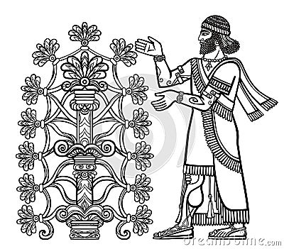 The silhouette of Assyrian deity collects fruits from a fantastic tree. Vector Illustration