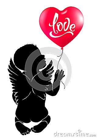 Silhouette baby angel with red heart balloon Love. Vector Illustration