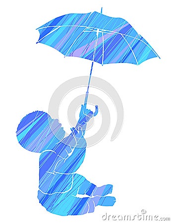 Silhouette baby umbrella and blue rain Vector Illustration