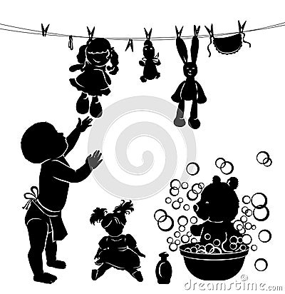 Silhouette baby washes toys Vector Illustration