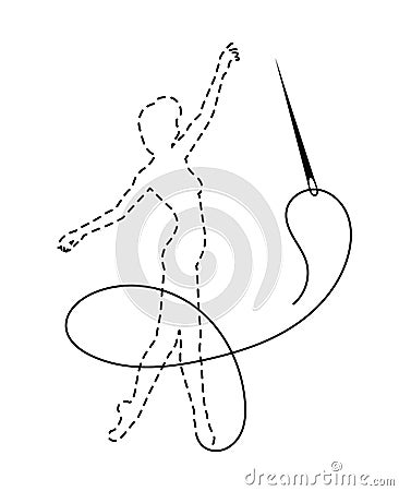 Silhouette of ballerina with interrupted embroidered contour, sewing thread and needle. Vector Illustration