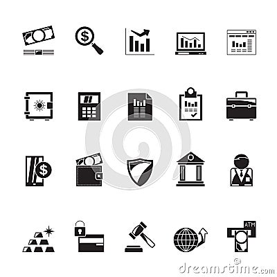 Silhouette Bank, Business and Finance icons Vector Illustration