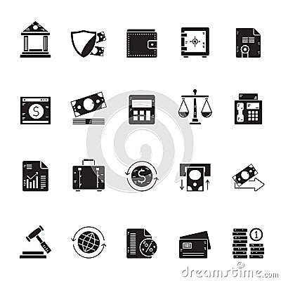 Silhouette Bank, Business and Finance icons Vector Illustration