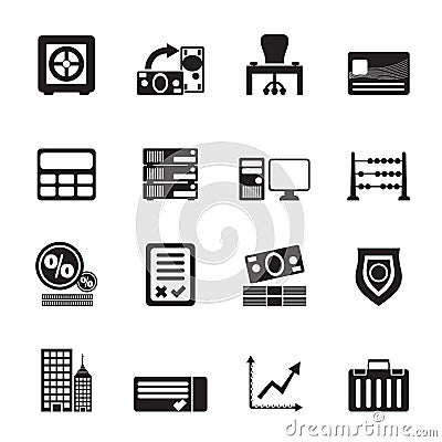 Silhouette bank, business, finance and office icons Vector Illustration
