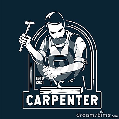 Bearded carpenter with wood chisel. Carpentry logo Vector Illustration