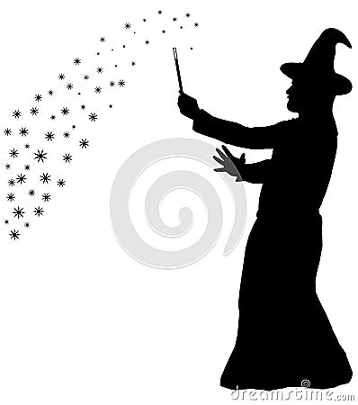 Silhouette of bearded wizard in cloak with pointed hat creating Vector Illustration