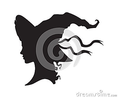 Silhouette of beautiful curly witch girl in pointy hat in profile isolated hand drawn vector illustration Vector Illustration