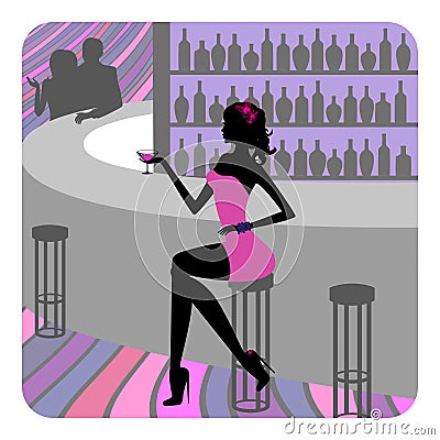 Silhouette of beautiful girl sits at a nightclub Vector Illustration