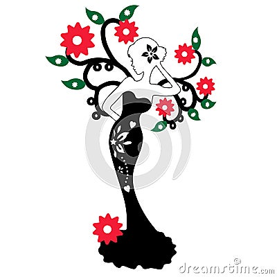 Silhouette of the beautiful girl standing near the flower tree, vector illustration Vector Illustration