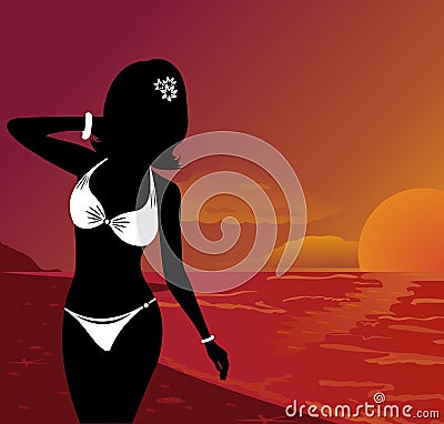 Silhouette beautiful girl at sunset on beach Vector Illustration