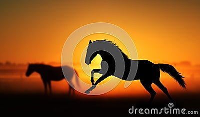 Silhouette of beautiful horse on a background of sunrise. Stock Photo