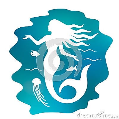 Silhouette of a beautiful mermaid with long hair under the water. flat vector illustration isolated Cartoon Illustration