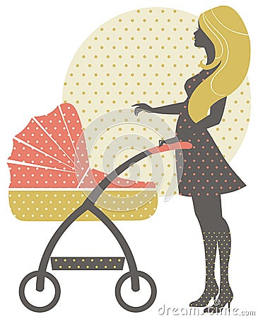 Silhouette of beautiful mother with baby carriage Vector Illustration