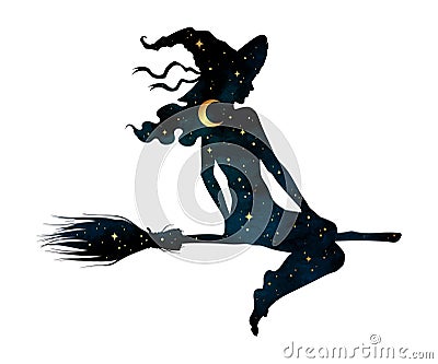 Silhouette of beautiful witch girl on a broom with crescent moon and stars in profile isolated hand drawn vector illustration Vector Illustration