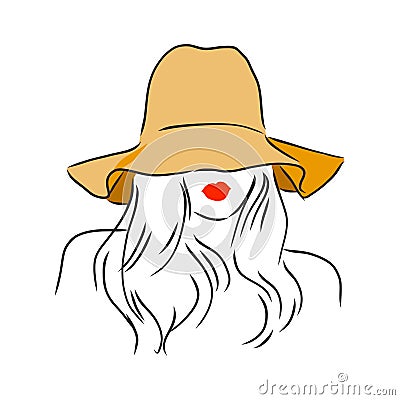 Silhouette of beautiful woman in a elegant hat. Vector. beautiful girl in a hat, vector sketch illustration Stock Photo
