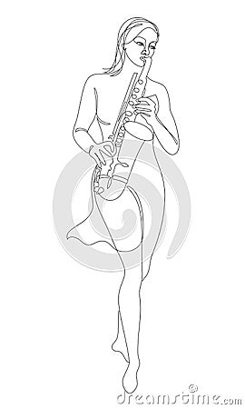 Silhouette of beautiful woman playing saxophone in continuous line modern style. Saxophonist girl, slim. Aesthetic decor sketches, Vector Illustration