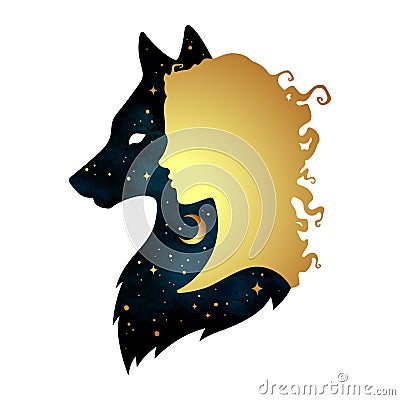 Silhouette of beautiful woman with shadow of wolf with crescent moon and stars isolated. Sticker, print or tattoo design vector il Vector Illustration