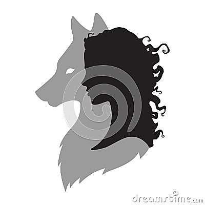 Silhouette of beautiful woman with shadow of wolf isolated. Sticker, print or tattoo design vector illustration. Pagan totem, wicc Vector Illustration