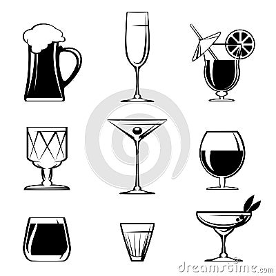 Silhouette Beverage Glass Icons on White Vector Illustration