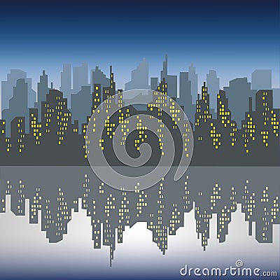 Silhouette of a big city against a background of a dark blue sky. The windows in the houses are lit. The city is reflected in the Cartoon Illustration