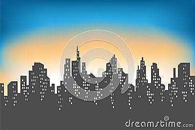Silhouette of a big city against the background of a light morning sky. The rising sun illuminates everything. The city is Cartoon Illustration