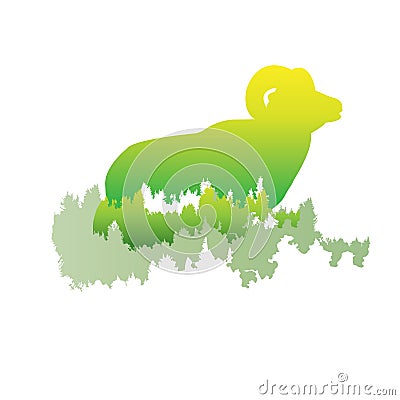 Silhouette of a bighorn sheep Inside the pine forest, bright col Vector Illustration