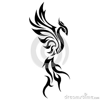 The silhouette of a bird is a Firebird, a tattoo painted black, drawn in various lines. Phoenix bird logo Cartoon Illustration