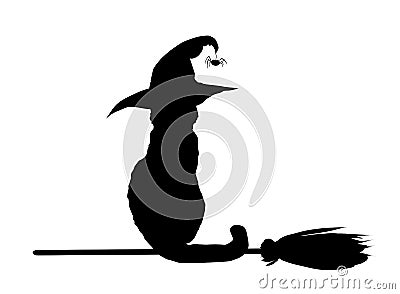 Silhouette of black cat in witch hat sitting on broomstick Vector Illustration