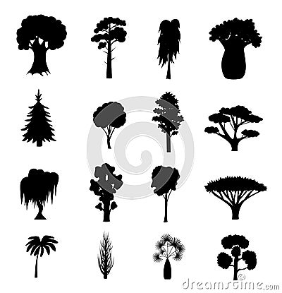 Silhouette Black Different Tree Types Icons Set. Vector Vector Illustration