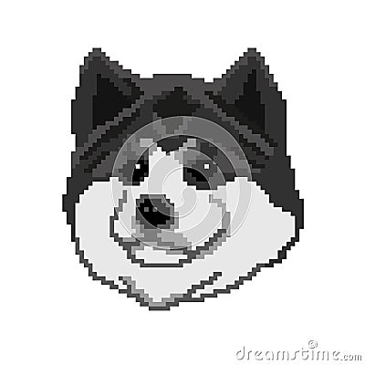 Silhouette of a black dog of Akita Inu breed, muzzle, portrait painted in the form of squares, pixels Cartoon Illustration