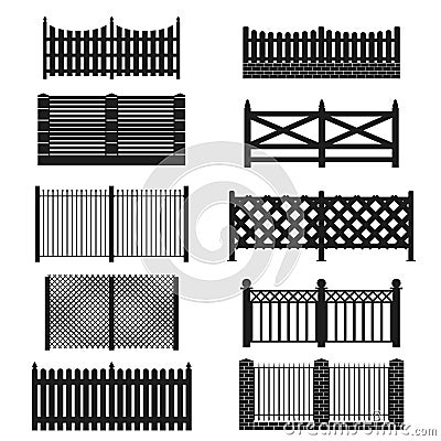 Silhouette Black Fence Icon Set. Vector Vector Illustration