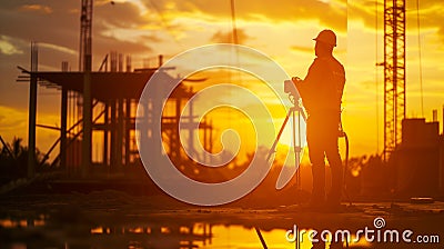 silhouette black man survey civil engineer stand on ground working in a land building site over Blurred construction worker on Stock Photo