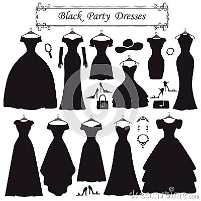 Silhouette of black party dresses.Fashion flat Vector Illustration
