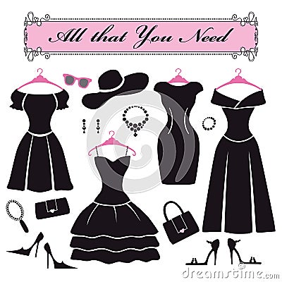 Silhouette of black party dresses.Fashion flat set Vector Illustration