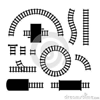 Silhouette Black Railway Elements Parts Set. Vector Vector Illustration