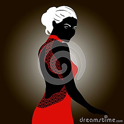 Silhouette of blonde woman in red dress with lace decor Vector Illustration