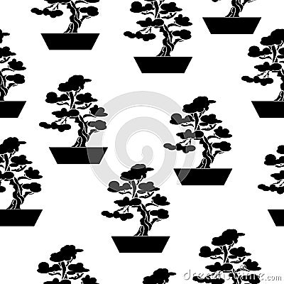 Silhouette bonsai seamless pattern, ornate tree in a pot on a white background Vector Illustration
