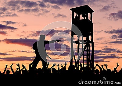 Silhouette of border guards and refugees Stock Photo