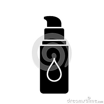 Silhouette Bottle of concealer or moisturizer. Outline icon of vial with dispenser, cream drop. Black illustration of makeup Vector Illustration