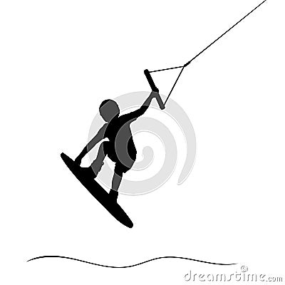 Silhouette boy learns wake surfing. Extreme Sports Kitesurfing Vector Illustration