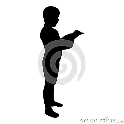 Silhouette boy reading book standing teen male with open book in his hands cute schoolboy read ready to back to school concept Vector Illustration