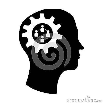 Silhouette brain in head with gear and team work icon Vector Illustration