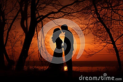 Silhouette of bride and groom on the background of the sunset, trees and lake Stock Photo