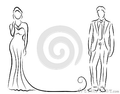 Silhouette of bride and groom, newlyweds sketch, hand drawing, wedding invitation, vector illustration Vector Illustration